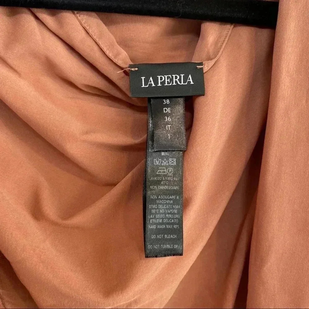 La Perla Wrap Blouse Top Dusty Rose Nude Draped Lace Sleeves Size 38 - Picture 4 of 6